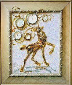 a painting of a dog with clocks on the wall behind it in a gold frame