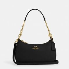 Inside Multifunction Pocket Zip-Top Closure, Fabric Lining Detachable Handle With 8 1/2" Drop Detachable Strap With 22 3/4" Drop For Shoulder Or Crossbody Wear 9 1/2" (L) X 6" (H) X 3" (W) Color: Gold/Black Small Black Coach Purse, Coach Small Shoulder Bag, Coach Purses Black, Coach Teri Shoulder Bag Black, Coach Bag Black, Coach Black Bag, Coach Shoulder Bag Outfit, Dorm Things