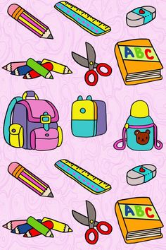 a pink background with school supplies on it