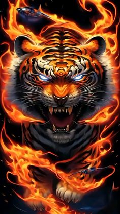 a tiger with flames on it's face