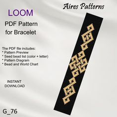 a cross stitch bookmark with the words loom written in gold and black on it