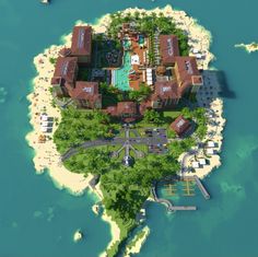 an island in the middle of some water with buildings on it and boats floating around