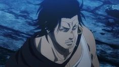 an anime character with black hair and no shirt on standing in front of blue water