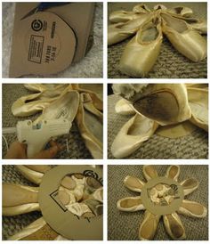 several pictures of ballet shoes with bows on the top and bottom, including one being worn as a ballerina's shoe