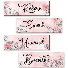 PRICES MAY VARY. Rich in Quantity: there are 4 pieces of laundry room decor signs that are embellished with cute flowers and words, beautiful and elegant, can well cater to your home decoration demands or share with others Lovely Design: our wall decor for bathroom is carefully crafted, and printed with different words of [relax], [soak], and [unwind], and [breathe], embellishing with flower patterns, elegant and noticeable, which will make your home full of rustic atmosphere Versatile Decoratio Laundry Room Pink, Laundry Room Decor Signs, Home Spa Bathroom, Vintage Farmhouse Bathroom, Floral Bathroom Decor, Relax Soak Unwind, Laundry Room Wall Decor, Gold Bathroom Accessories, Pink Wall Decor