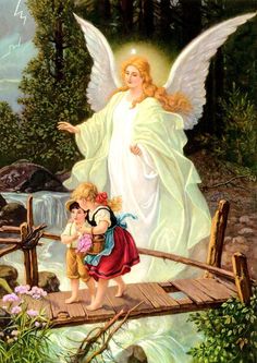 an angel with two children crossing a bridge