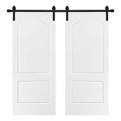 two white doors with black hardware on the top and bottom, against a white background