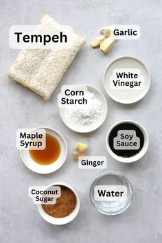 the ingredients to make this recipe are shown in small bowls and labeled on top of each other