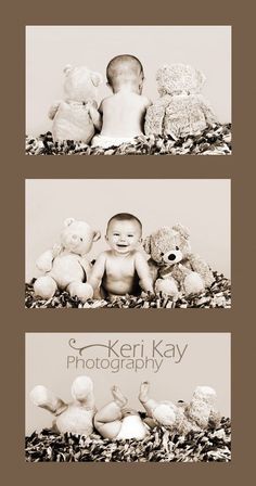 black and white photograph of baby surrounded by stuffed animals