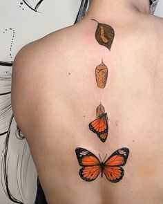 the back of a woman's upper body with three butterflies on her left side