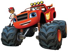 a cartoon character riding on top of a monster truck