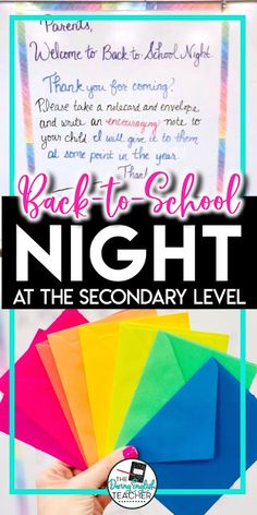 the back to school night at the secondary level with text overlays and rainbow colors