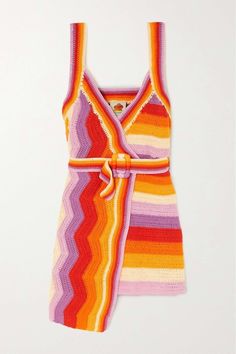 a multicolored knitted dress with a tie around the waist