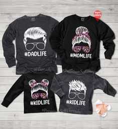 Family Matching Black Shirt With Funny Print, Family Matching Black Tops With Funny Print, Black Family Matching Tops With Funny Print, Black Tops With Funny Print For Family Matching, Black Shirt With Graphic Print For Family Matching, Family Matching Black Tops For Fall, Black Family Matching Tops For Fall, Fun Long Sleeve Printed Tops, Cute Black Tops With Custom Print