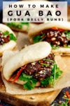 how to make gua bao pork belly buns on a cutting board with text overlay