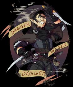 a drawing of a man with two swords in his hand and the words dagger on it