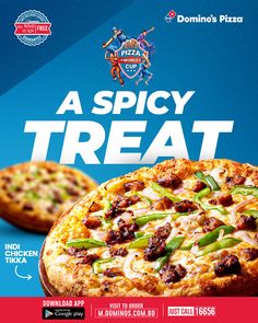 a poster advertising a spicy treat pizza