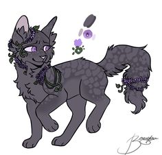 a drawing of a wolf with purple flowers on its head and neck, standing in front of