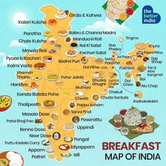 a map of india with all the major cities and their food dishes on it's side