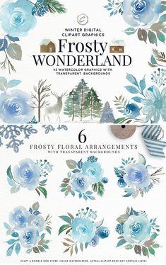 watercolor flowers and trees are featured on the cover of this winter digital graphic kit