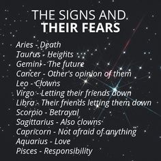 the signs and their fears are shown on a black background with stars in the sky