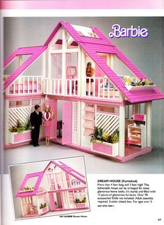 an advertisement for barbie's doll house with two people standing in front of it