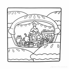 a cartoon christmas scene with santa claus and his reindeers in the snow coloring page