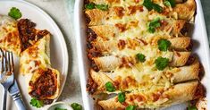 a casserole dish with meat and cheese in it next to a plate of rice