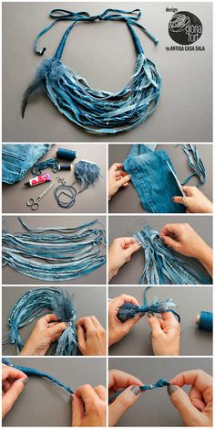 the steps to make a scarf out of old jeans and yarn are shown in several different ways