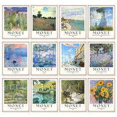 twelve monet paintings are shown in different styles and sizes, each with their own name