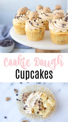 cupcakes with white frosting and chocolate chip cookies on top are shown in this collage