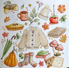 a drawing of autumn items on a white background