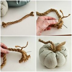 four pictures showing how to make a rope wrapped pumpkin