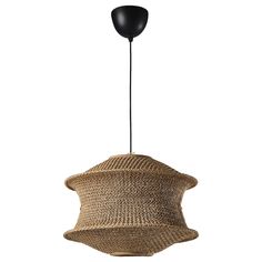 the light fixture is made out of straw and has a black plastic cone hanging from it