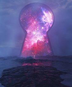 a person standing in front of a giant keyhole with the sky filled with stars