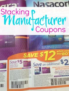 an advertisement for stacking manufacturer coupons on the back of a store's shelf