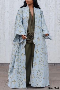 OliviaMark - Plus Größe Blau Casual Street Print Patchwork Strickjacke Kragen Mantel Summer Cover Ups, African Kimono, Gender Euphoria, Long Kimono Cardigan, Patchwork Cardigan, Long Trench Coat, Ethnic Print, Stylish Plus, African Dresses For Women