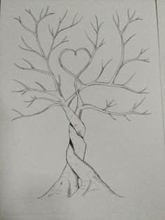 a pencil drawing of a tree with a heart shaped branch on it's trunk