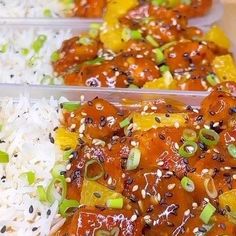 three plastic containers filled with rice and meat covered in sesame seeds, green onions, and pineapples