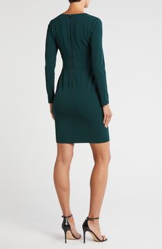 Layer and accessorize this smart sheath dress however you want for a look that easily switches from the 9-to-5 to after-hours-ready in seconds. 36" length Exposed back-zip closure V-neck Long sleeves Partially lined 96% polyester, 4% spandex Dry clean Imported Elegant Mini Dress With Side Zipper For Work, Elegant Green Elastane Bodycon Dress, Elegant Bodycon Dress With Invisible Zipper, Bodycon Sheath Mini Dress For Work, Elegant Formal Mini Dress With Zipper Closure, Workwear Sheath Mini Dress, Elegant Bodycon Mini Dress With Zipper Closure, Workwear Sheath Dress With Back Zipper, Sheath Dress With Back Zipper For Work