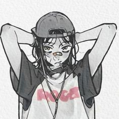 a drawing of a girl with headphones on her ears and wearing a baseball cap