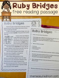 the ruby bridges free reading passage is shown in this printable activity for children to practice reading