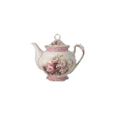 a white tea pot with pink flowers on it