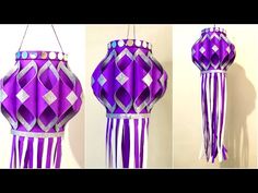 three different views of a purple and white paper lantern hanging from a string on a wall