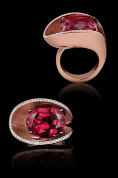 Auliea Tourmaline Ring cradles a rare red tourmaline surrounded by a sweeping curve of pave set diamond in Adam’s innovative AlbaGold™. Luxury Unique Tourmaline Jewelry, Luxury Oval Tourmaline Jewelry, Red Tourmaline Fine Jewelry Rings, Luxury Pink Tourmaline Jewelry