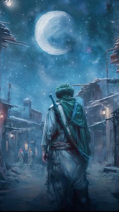 a painting of a man walking in the snow at night with a full moon behind him