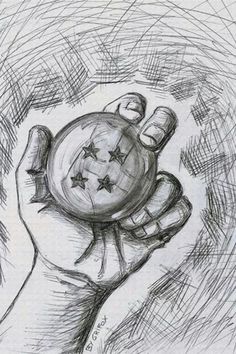 a drawing of a hand holding a small glass ball with stars on the top and bottom