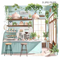 the kitchen is painted in pastel blue and has plants growing on the shelves above it