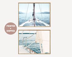 two pictures of the front and side of a sailboat with text overlay that reads, printed & shipped