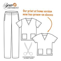 the sewing pattern shows how to sew an unisex scrub top and pants